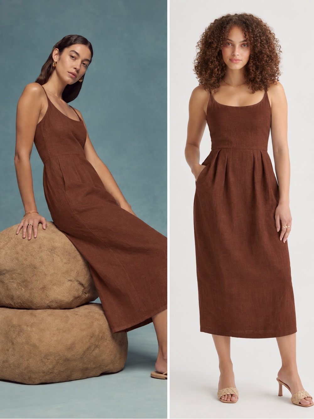 Quince chocolate Brown Midi Dress with Slim Straps, pleated waist with pockets